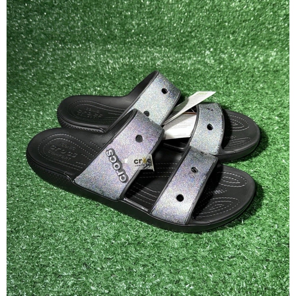 NEW! Crocs Glitter Strap Slide Sandals Black Silver Women's Size 14 Men's‎ 12
